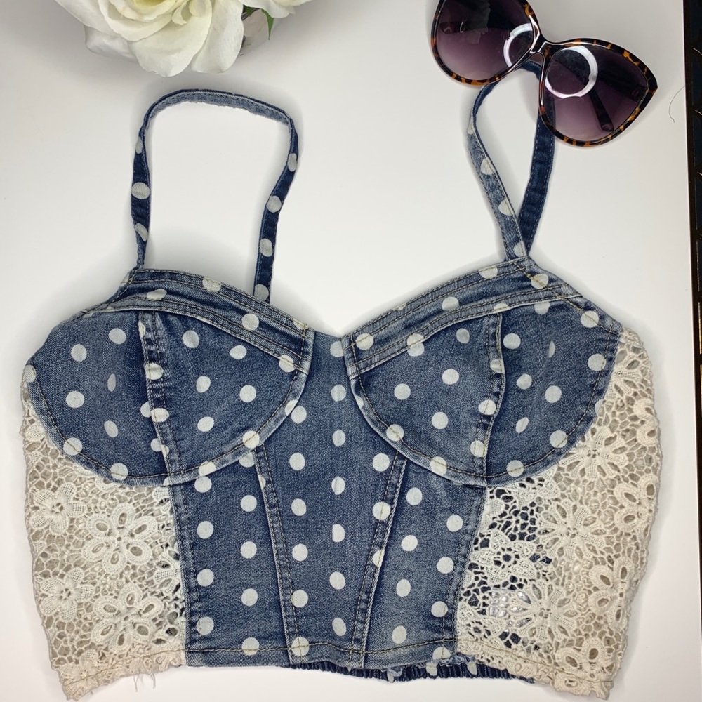 Blue jean crop top with white polka dots